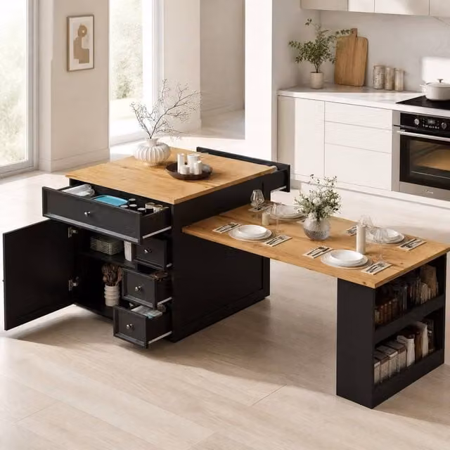 STILVORA Extendable Kitchen Island with Drawers in Black – 1