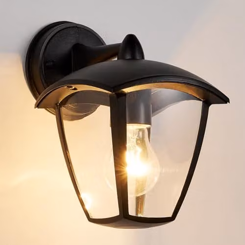 Harper Living Black Aluminium Outdoor Wall Lantern with Transparent Glass Shade, IP54 Weatherproof Vintage Security Light, E27 Mains Powered