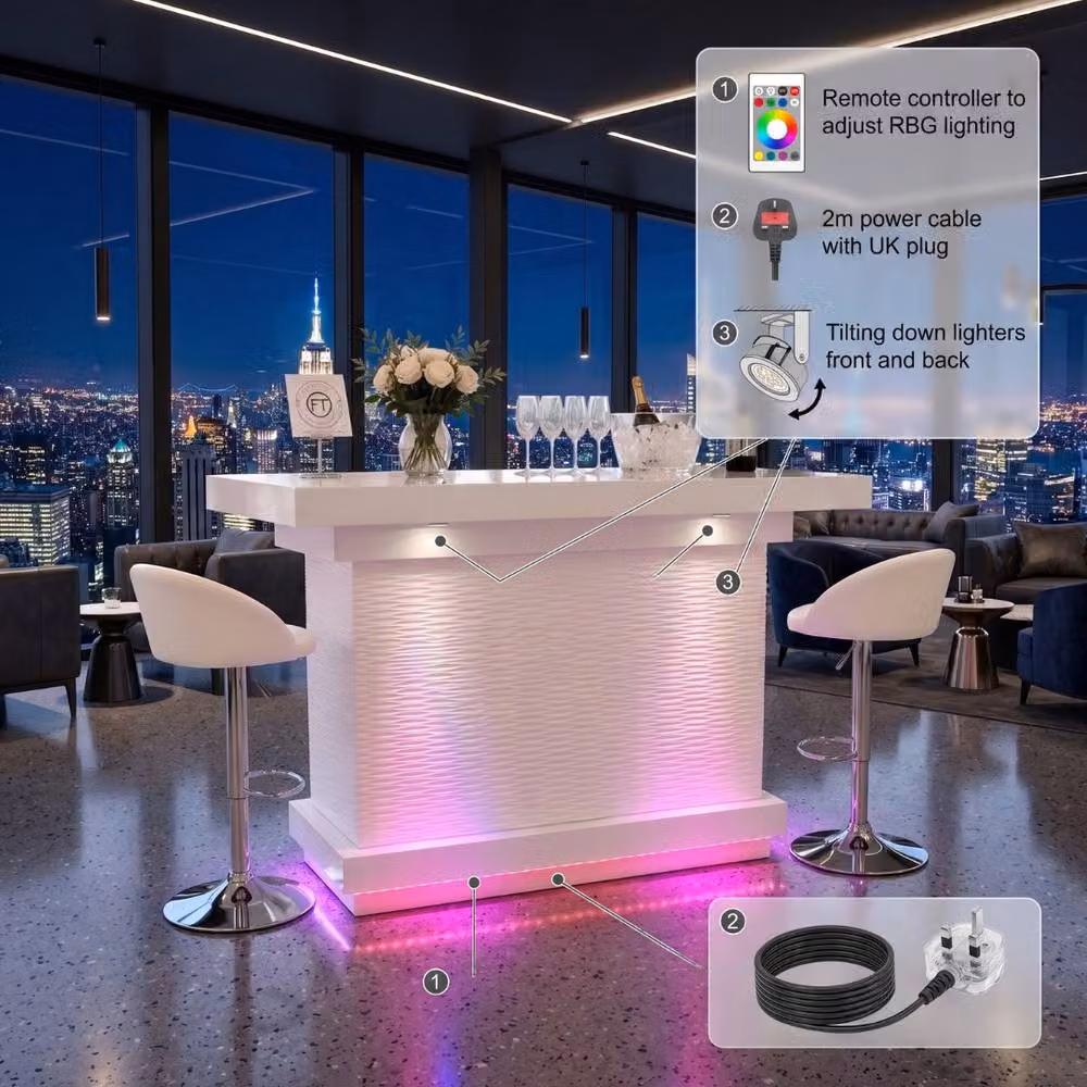 Home Luxe Aura White Glossy Drinks Bar with LED Lights and Bluetooth Speakers – 6