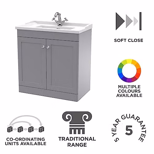 nuie Classique CLC226F Traditional Floor Standing 2 Door Bathroom Vanity Unit and Ceramic Basin with 1 Tap Hole, Satin Grey – 2