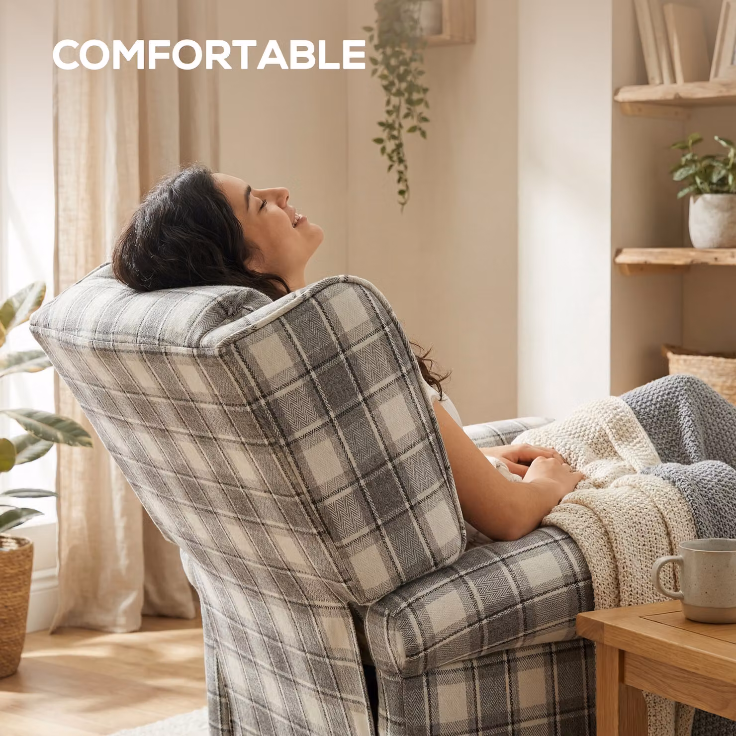 HOMCOM 160 Degree Reclining Armchair with Integrated Footrest in Grey and White Checked Fabric – 6