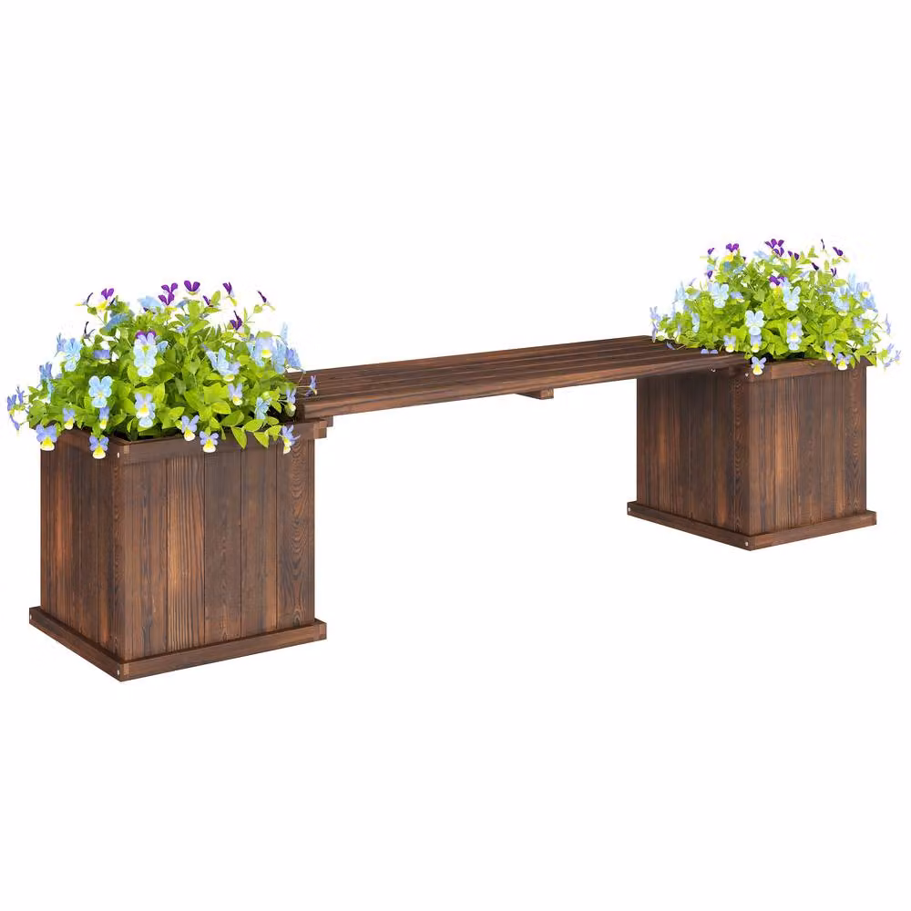 OUTSUNNY Wooden Garden Planter and Bench Combination Raised Bed in Brown – 2