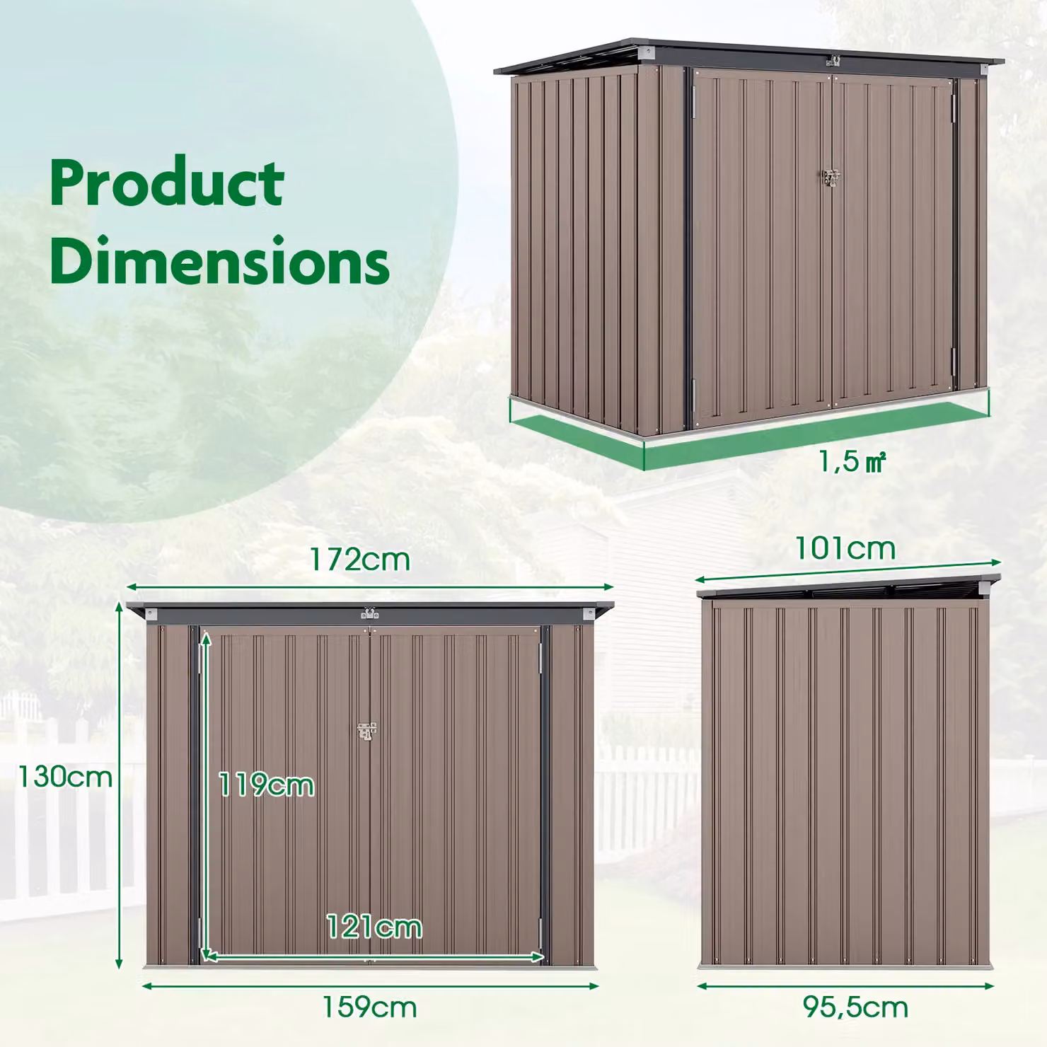 Gymax Metal Bin Store Storage Shed with Double Openings, Light Grey, W: 95 cm, D: 172 cm, H: 130 cm – 2