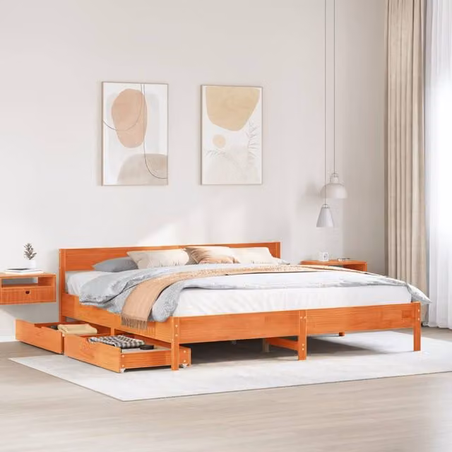 Berkfield Home Super King Solid Wood Pine Bed Frame in Wax Brown, W/D/H: 180 x 200 cm