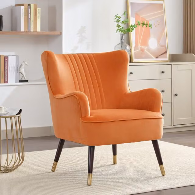 Artemis Home Classic Orange Velvet Fabric Accent Chair with Armrests and Solid Wood Frame