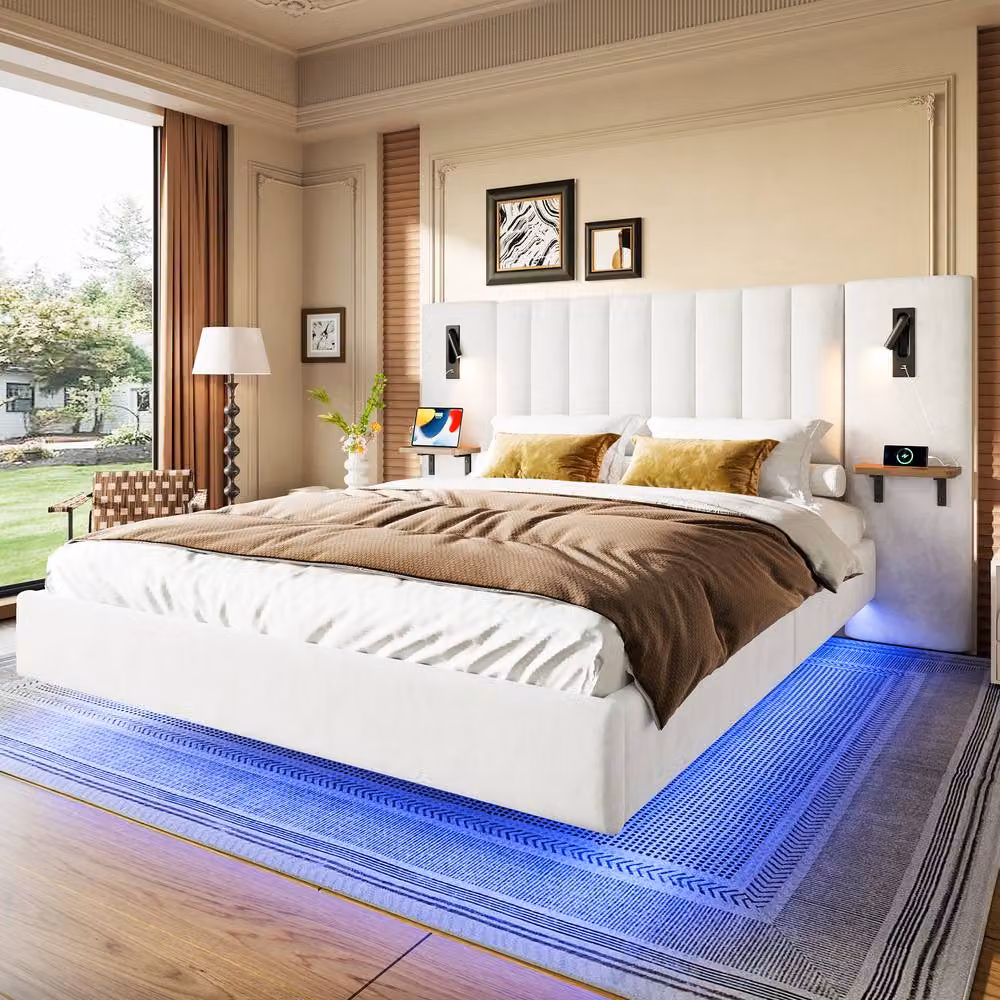 BTM White Velvet King Size Bed with USB Charging, Storage Headboard, Side Compartments and Under-Bed Lighting W/D/H: 180 x 200 cm – 2