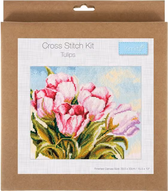 Trimits Large Tulip Cross Stitch Kit in White, Pink and Multicolour