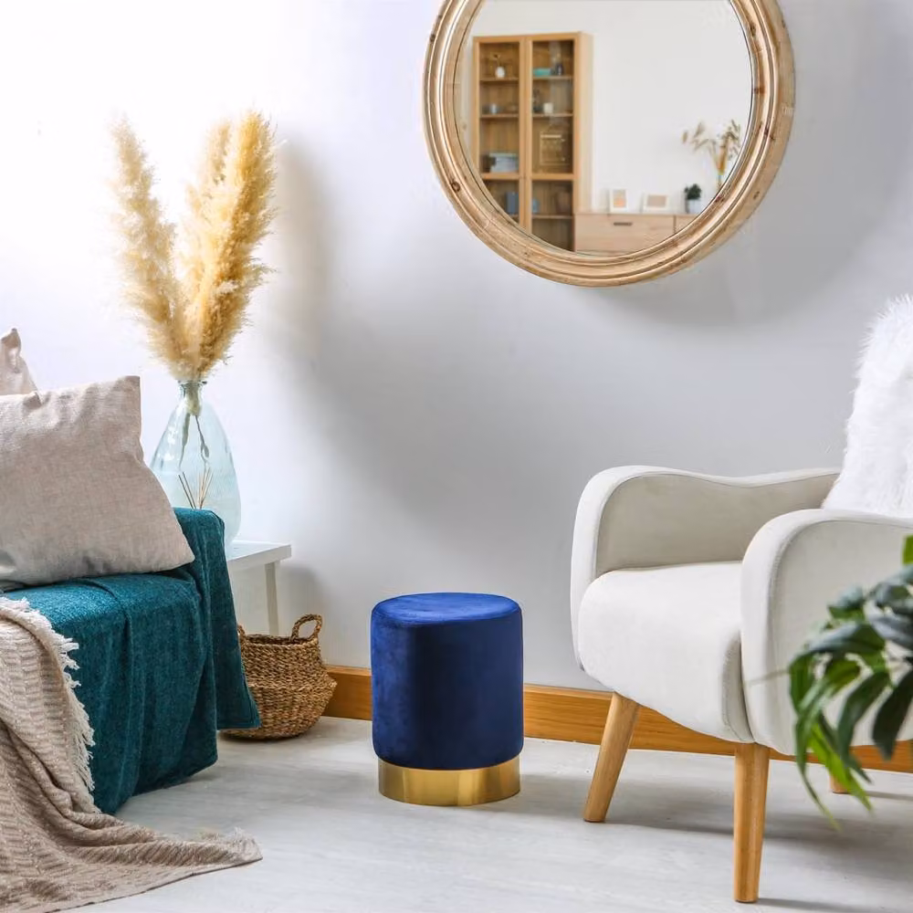 Kelvenix Set of 2 Blue Round Velvet Pouffe Ottomans for Bedroom or Dressing Table, Diameter: 29 cm, Height: 36 cm – 3