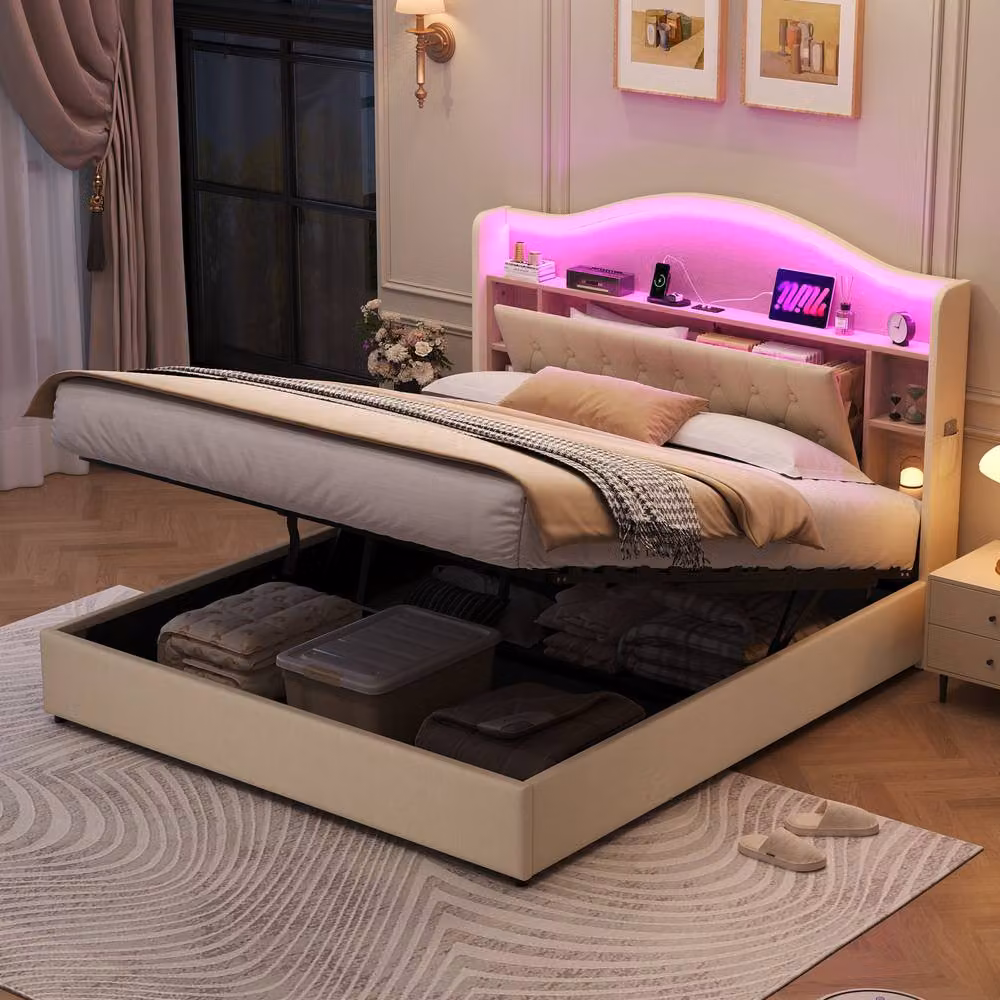 Matteo King Upholstered Bed Frame in Beige with Hydraulic Storage, LED Headboard and USB Charging Port, W/D/H: 180 x 200 x 157 cm – 2