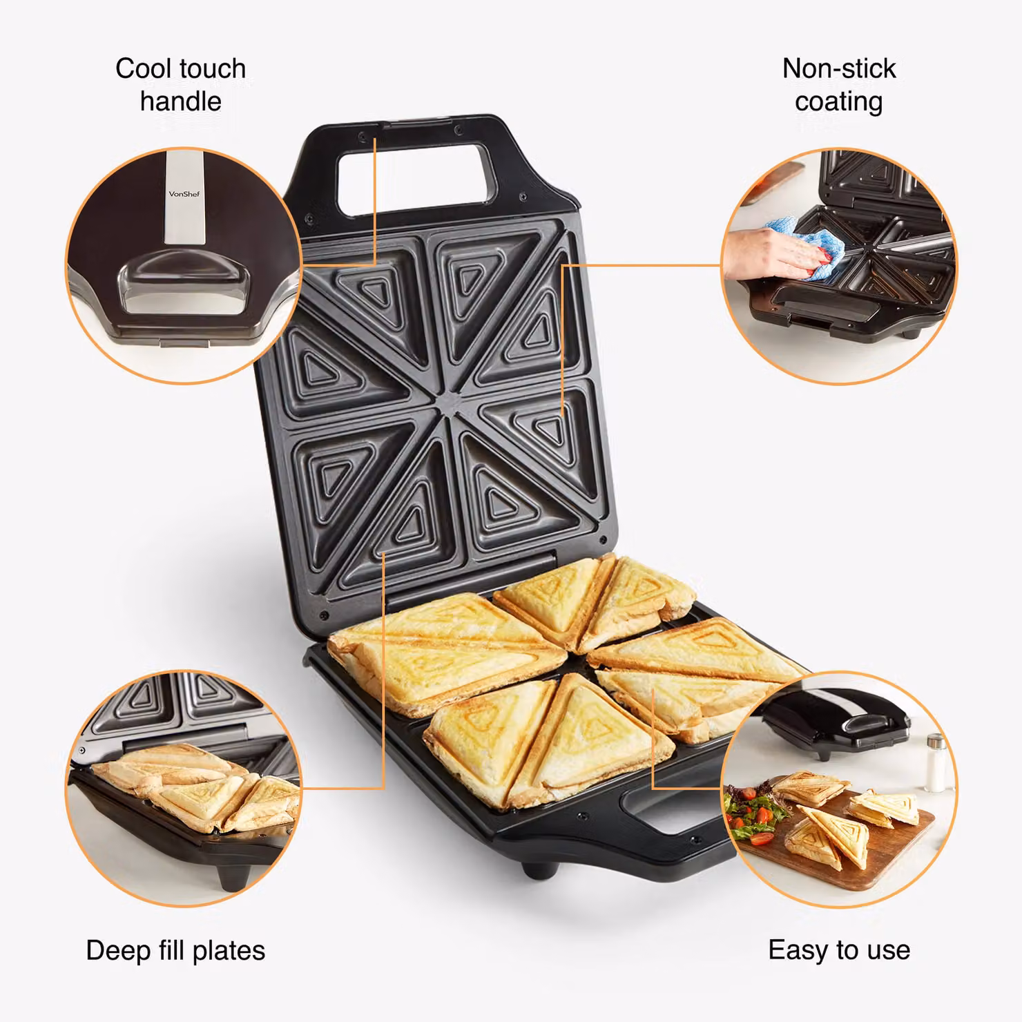 VonShef 1600W 4 Slice Sandwich Toaster with Non-Stick Plates in Black – 2