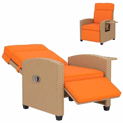 Outsunny Rattan Garden Recliner Sun Lounger with Flip Table and Cushions, Orange