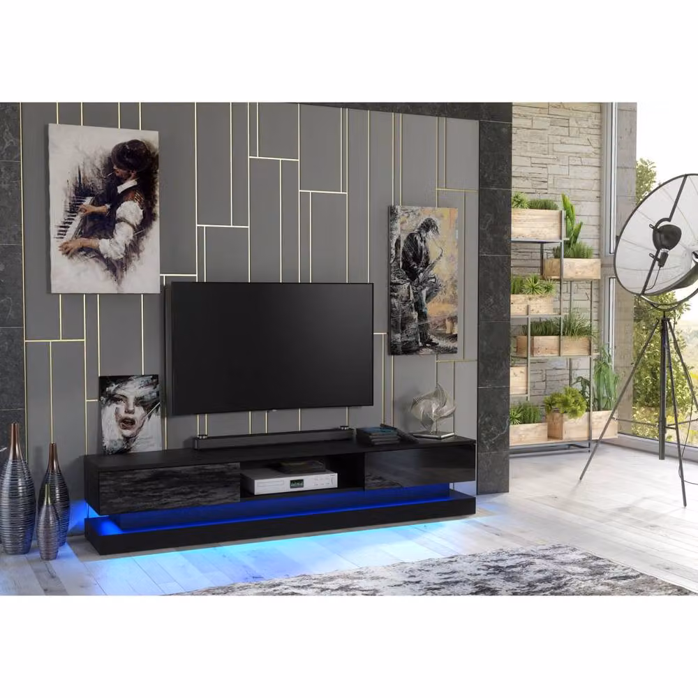 Mex Furniture LTD Bloom TV Unit in Black with Glossy Doors and LED Lights, W: 180 cm, H: 36 cm, D: 35 cm – 2