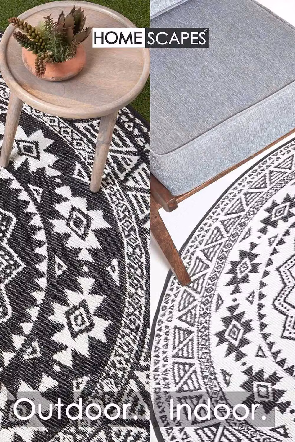 Homescapes Round Woven Outdoor Rug with Black and White Mosaic Motif, UV-Resistant and Reversible, Diameter: 180 cm – 5