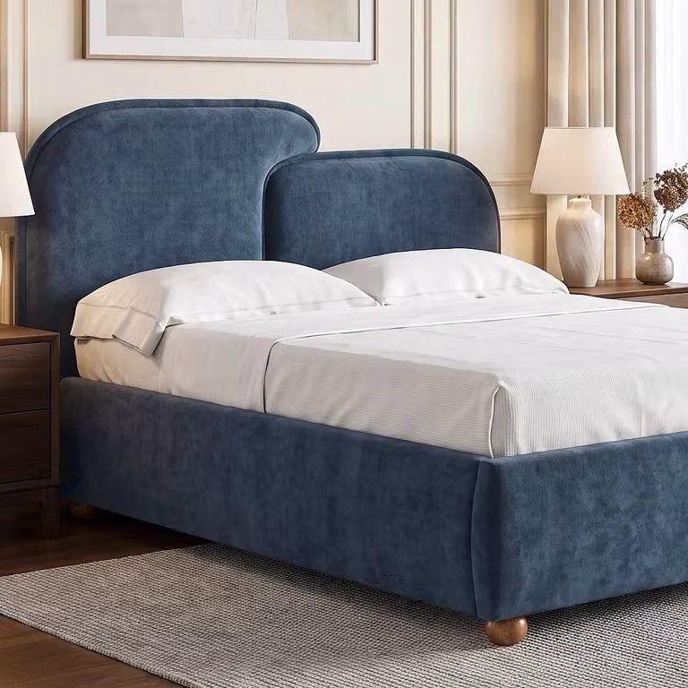 Embrea Blue Velvet Upholstered King Size Bed Frame with Curved Headboard W/D/H: 180 x 200 cm