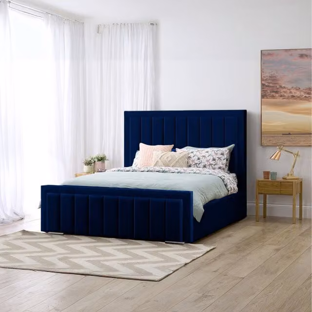 Desire Deco Alondrea Blue Velvet Upholstered Panel Bed W/D/H: 90 x 190 cm