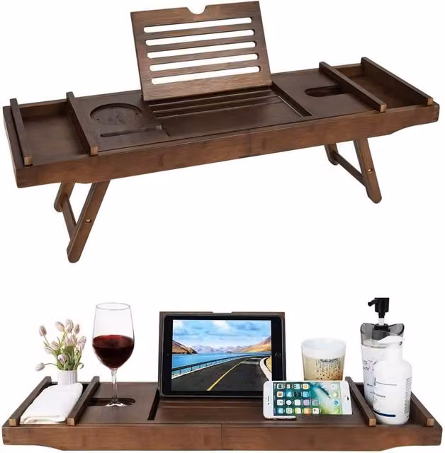 MANTRARAJ Bamboo Extendable Bath Tub Caddy with Folding Leg and Wine Tablet Holder in Dark Brown