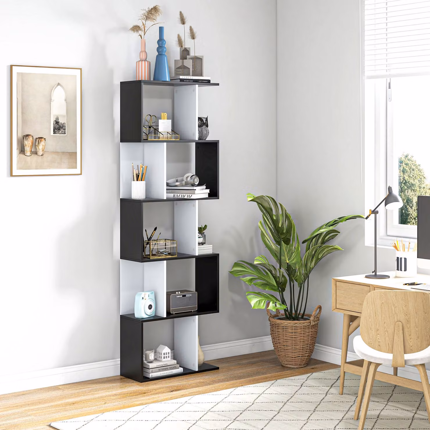HOMCOM 5-Tier S-Shaped Wooden Bookcase and Display Shelving in Black and White, H 184.5 x W 60 x D 24 cm – 2