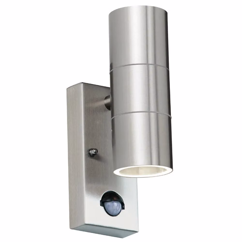 Loops 2 Pack IP44 Outdoor Stainless Steel Up and Down Wall Lamp with PIR Motion Sensor and Timer in Silver – 2