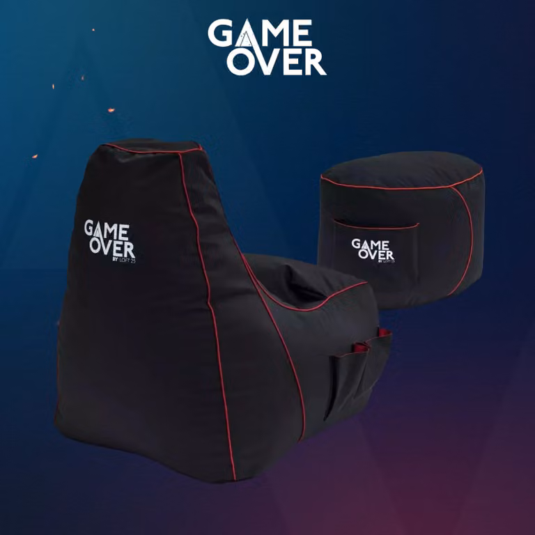 Game Over Store High Back Video Gaming Bean Bag Chair with Footstool in Electric Crimson