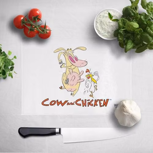 Zavvi Cartoon Network Cow and Chicken Multicolour Glass Rectangular Chopping Board W: 40 cm, H: 30 cm