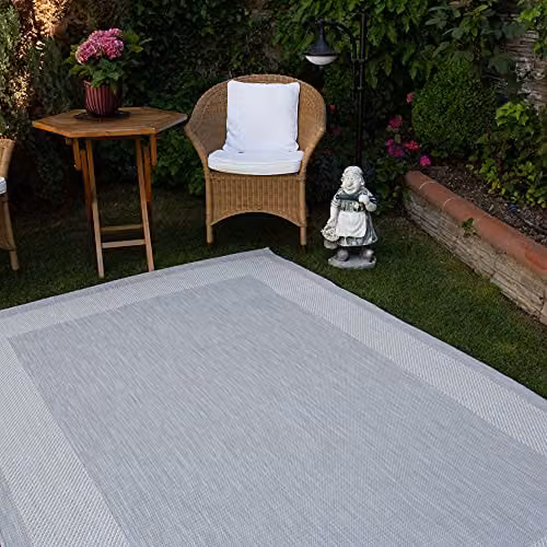 THE RUGS Grey Bordered Indoor and Outdoor Weatherproof Washable Rug, W/D/H: 230 x 160 x 0.3 cm – 6