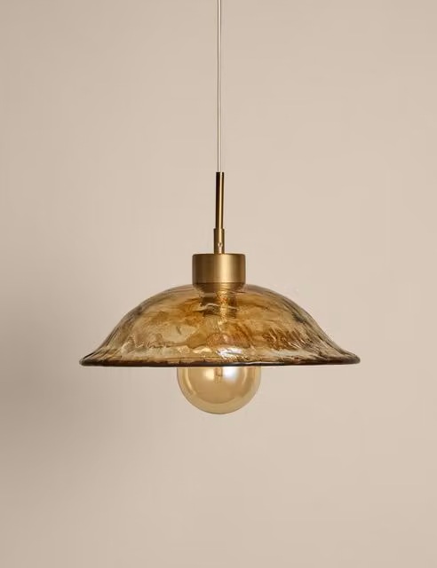 M&S Modern Brown Wavy Glass Dome Pendant Light with Brass Metal Details