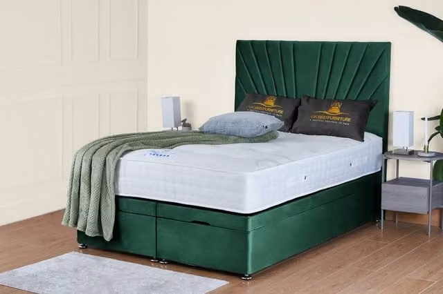 UK Bed Furniture Sunrise End Lift Divan Ottoman Bed with 54 Inch Headboard in Green Velvet, W/D/H: 180 x 200 cm