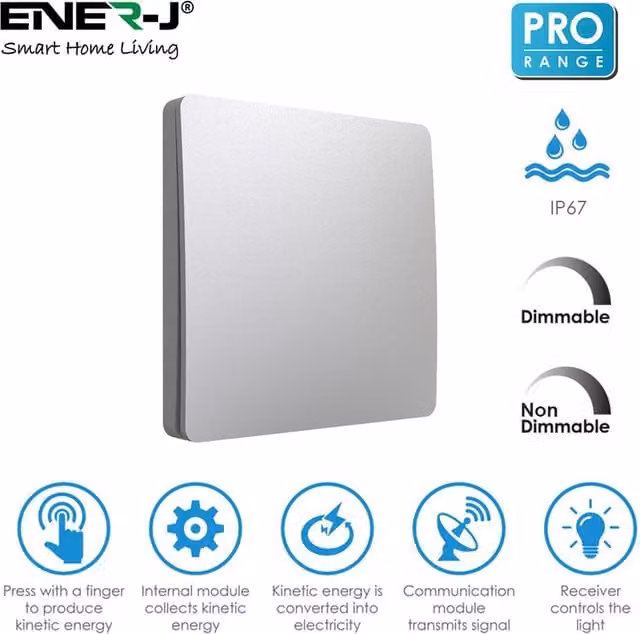 Enerj 1 Gang Wireless Kinetic Dimmable Switch in Silver and White