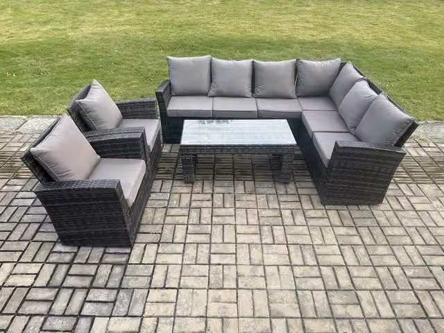 Fimous 8 Seat Rattan Garden Furniture Corner Sofa Set with Cushions in Dark Grey Mixed
