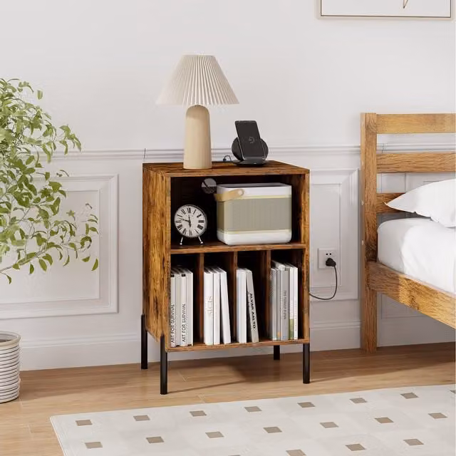 Costway Modern Vinyl Record Holder in Brown Metal and Wood