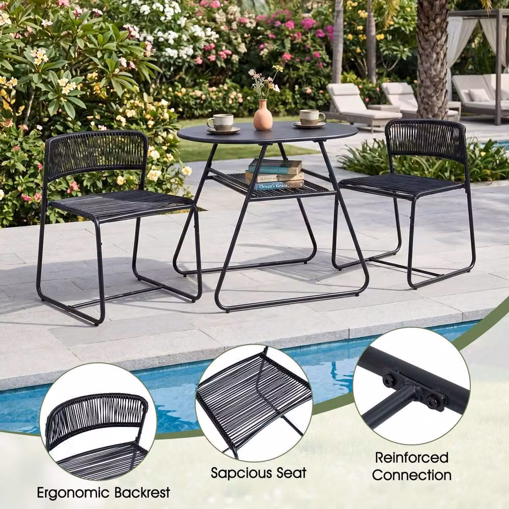 Gymax 3 Piece PE Rattan Bistro Set with 2-Tier Coffee Table and 2 Stackable Chairs in Black – 5