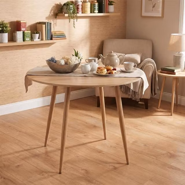 Kosy Koala Modern Round Oak Effect Dining Table in Brown and Gold