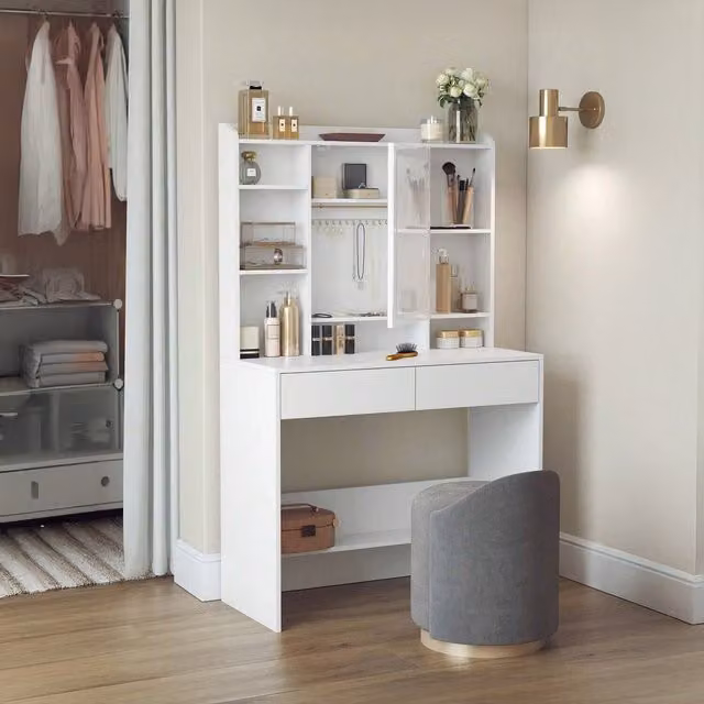 VASAGLE Modern White Dressing Vanity Table with Hollywood LED Lights, W/D/H: 144.7 x 40 x 90 cm