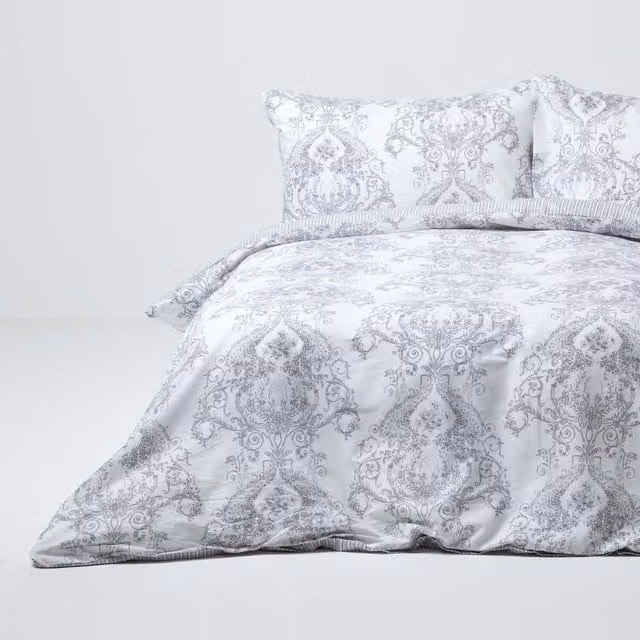 Homescapes Grey Cotton Reversible Duvet Cover and Pillowcase Set, W/D/H: 180 x 200 cm