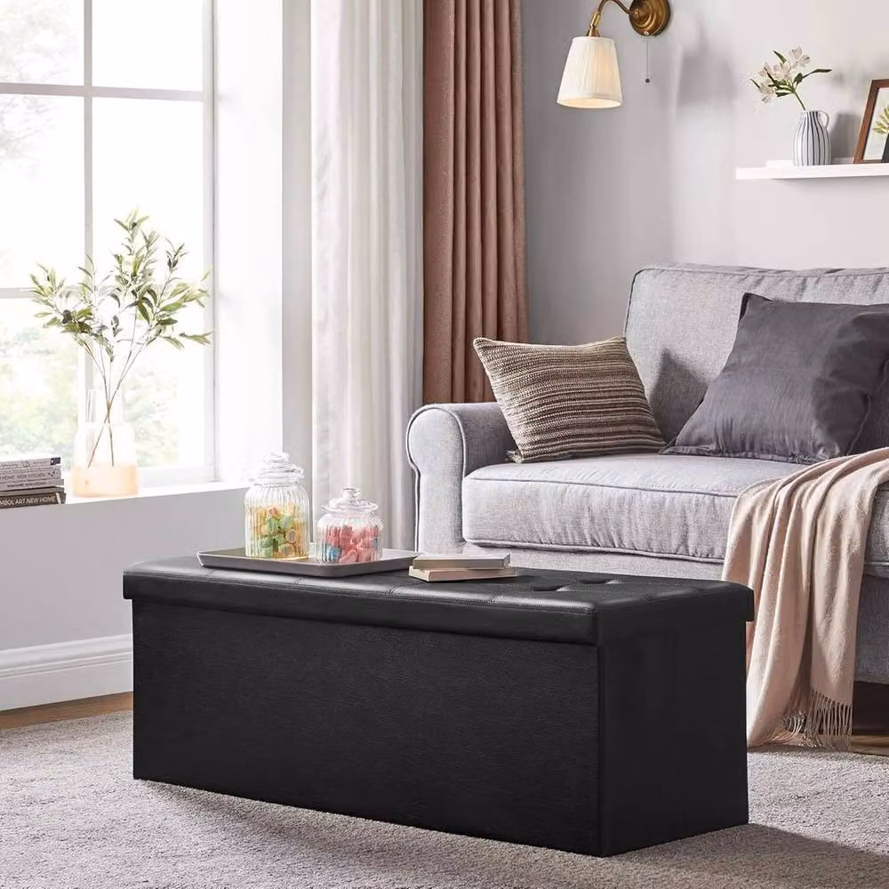 SPETLEK Foldable Small Storage Ottoman and Foot Rest in Black Synthetic Leather – 5