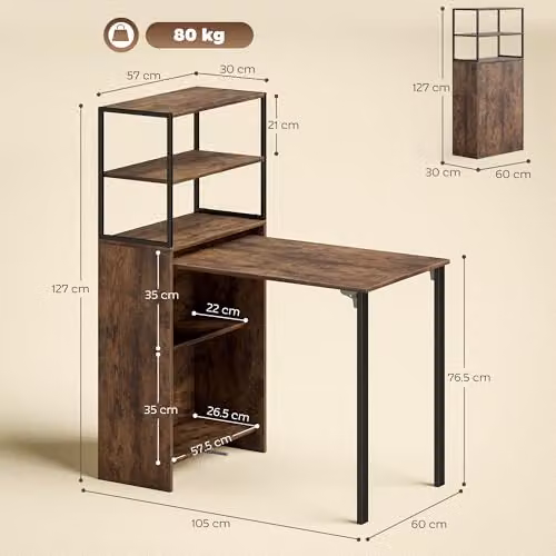 HOMCOM Folding Computer Desk with 4-Tier Bookshelf in Brown and Black, W/D/H: 127 x 60 x 105 cm – 3