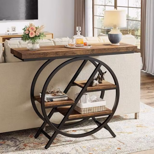 VOGREX Industrial Black Wood and Metal Console Table with Storage for your Living Room