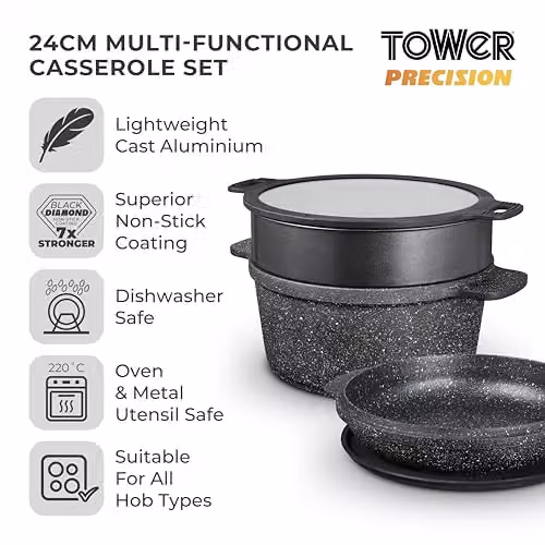 Tower Precision Multi-Functional Non-Stick Cast Aluminium Casserole Set with Steamer Insert, Black, Diameter: 24 cm – 2