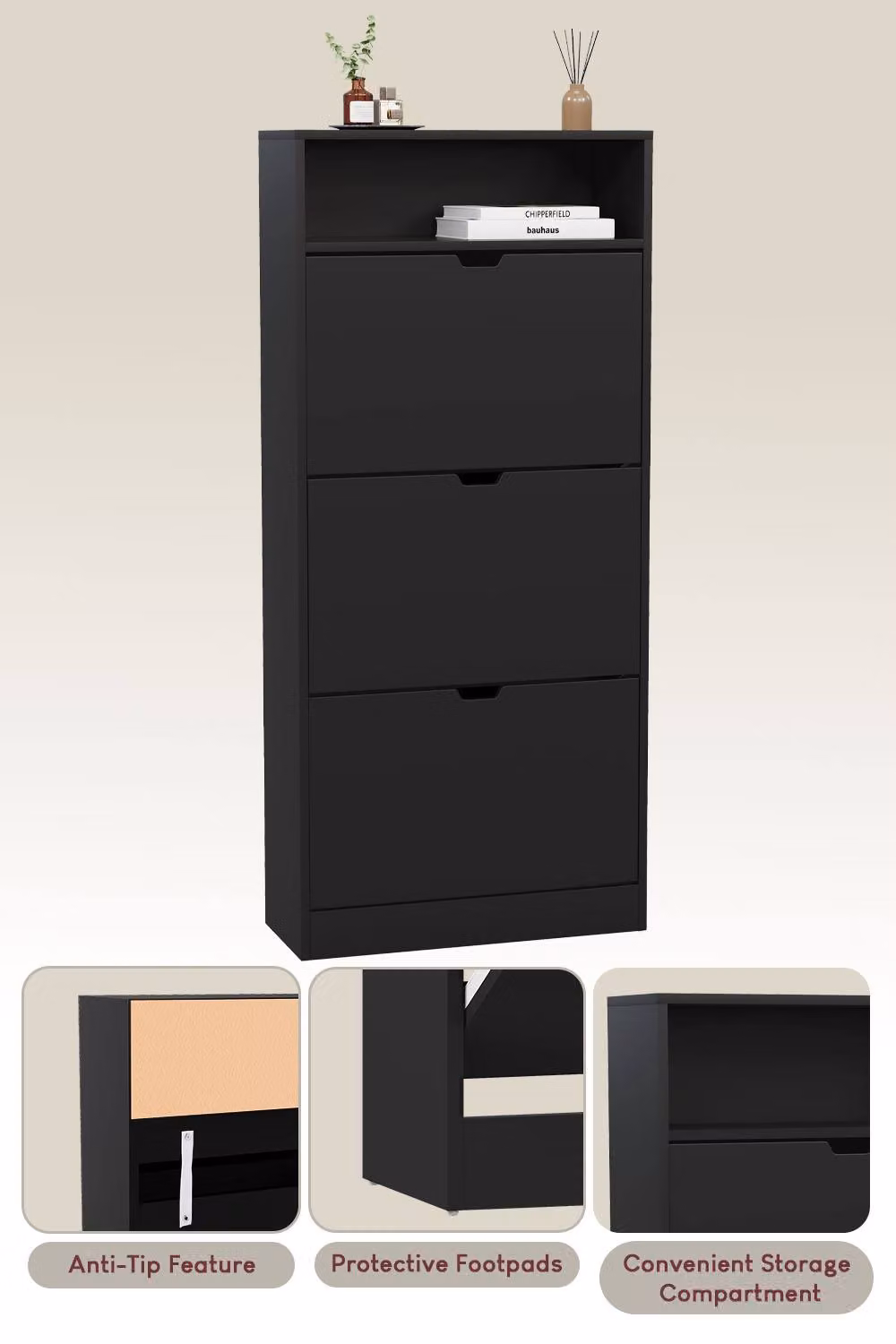 HD Designs Modern Black Matt Freestanding Shoe Cabinet with Tilting Compartments and Open Shelving – 5
