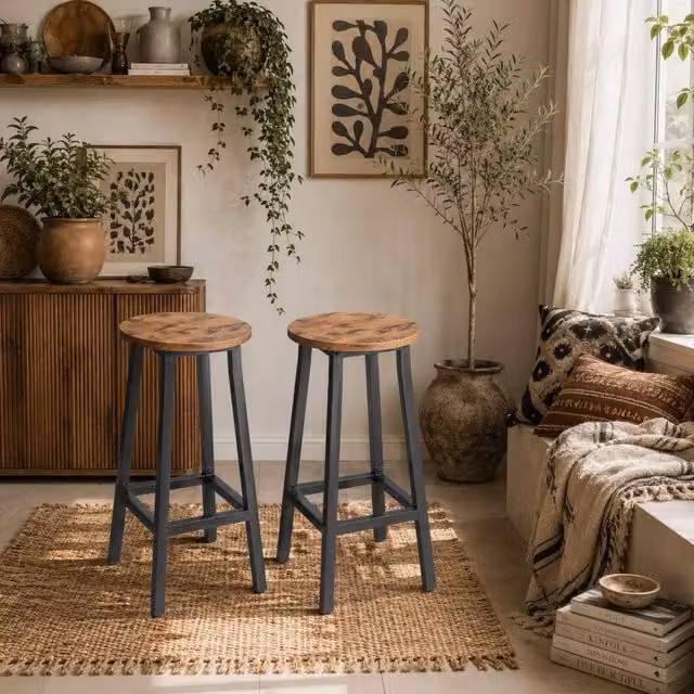 Wyld Haus Rema Set of 2 Industrial Round Bar Stools in Brown and Black Metal, Height: 65 cm