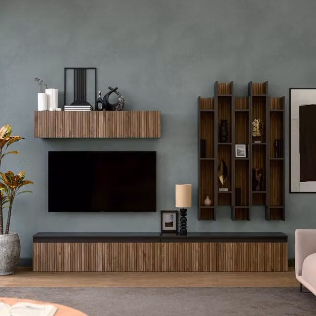 Decorotika Annecy Wall Mounted Entertainment Center in Black with Geometric Alina Pattern