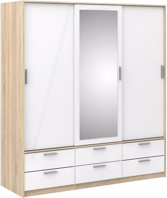 Furniture To Go Line Modern 3-Door Wardrobe with 6 Drawers and Mirror in Light Oak