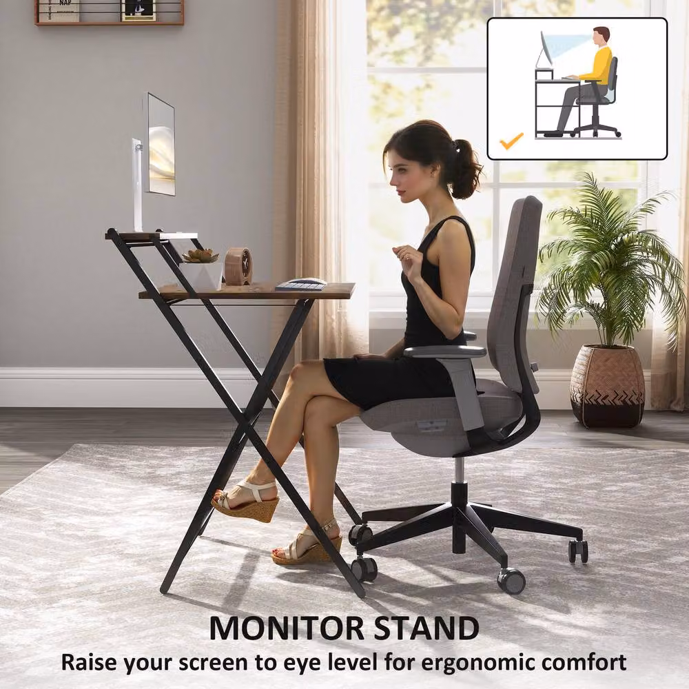Rolipo Brown Folding Computer Desk with Monitor Shelf – 6