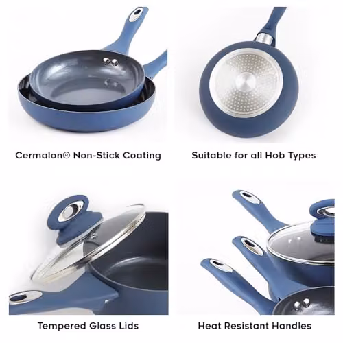 Cermalon 5-Piece Ceramic Cookware Set in Blue with Grey Accents, including Frying Pans and Saucepans with Lids – 2