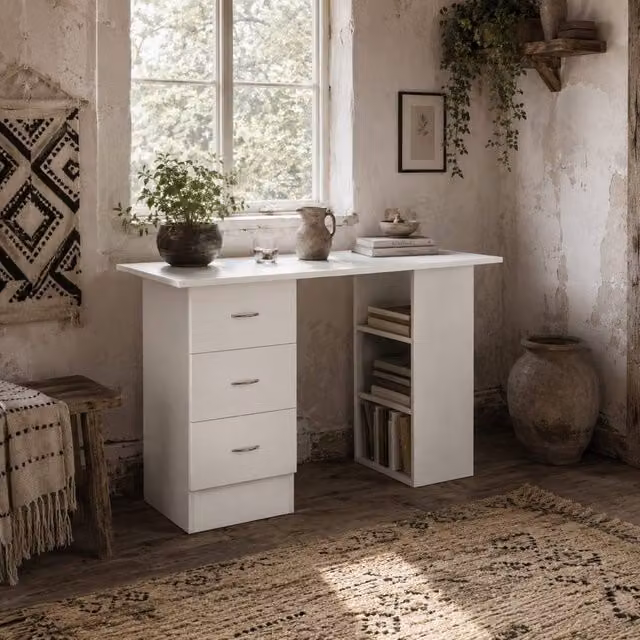 Wyld Haus Kamore White Writing Desk with 3 Drawers and 3 Shelves W: 120 cm, D: 49 cm, H: 72 cm – 1