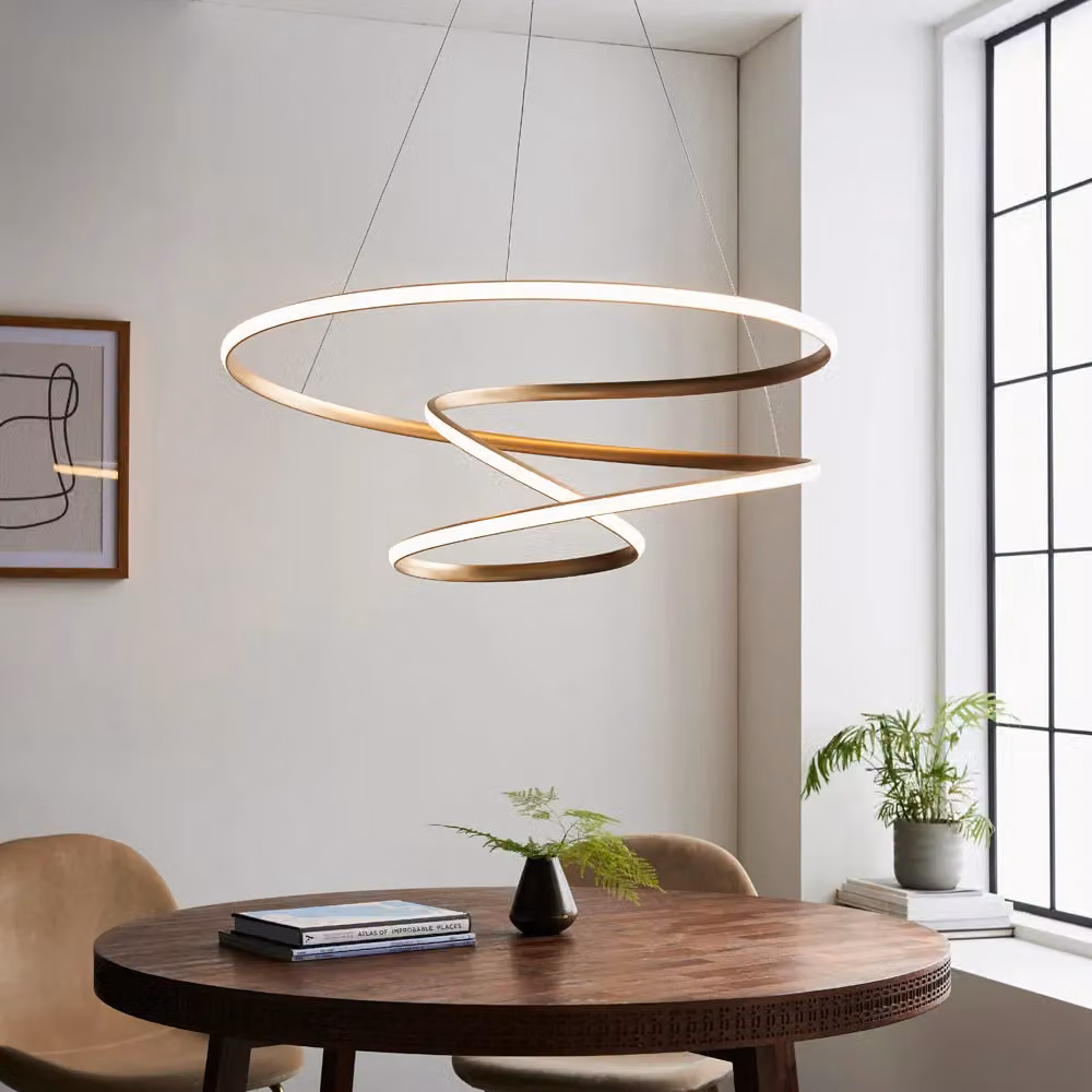 Loops Satin Gold and Matt White Large LED Ceiling Pendant Light with Warm White Tape Light and Dimmable Height Adjustment – 2