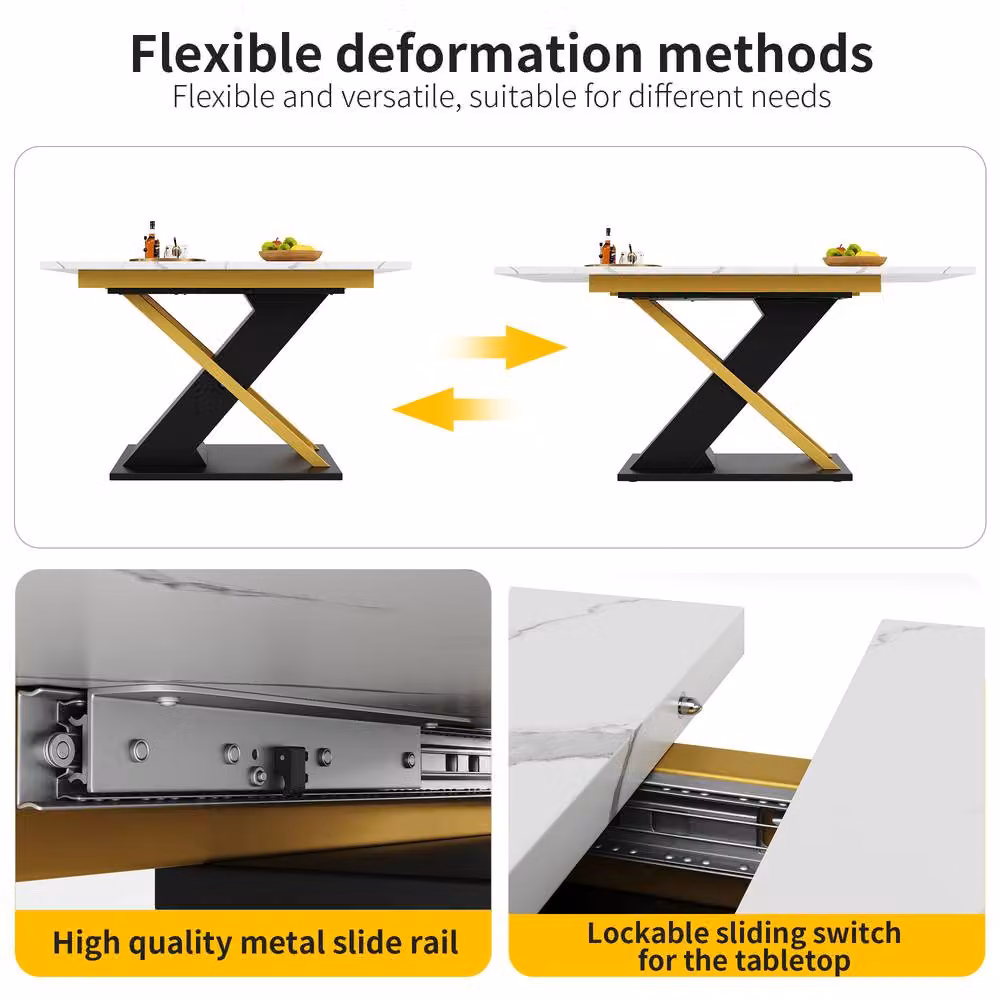 Rolipo Black Marble Effect Extendable Rectangular Dining Table with Gold Metal Legs, W: 120-160 cm, D: 60 cm, H: 75.4 cm – 3