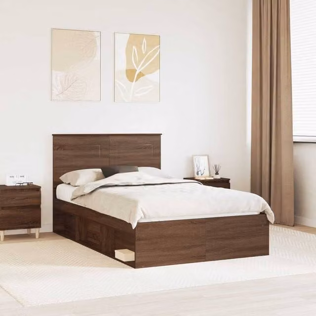 Berkfield Home Bed Frame with Headboard in Brown Oak, Solid Pine Wood and MDF, W/D/H: 120 x 200 cm – 1