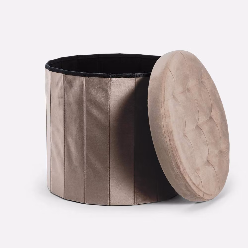 OHS Matte Velvet Round Ottoman Storage Stool in Taupe – 2