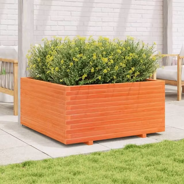Berkfield Home Beautiful Garden Planter Tub in Brown Solid Wood Pine, W: 100 cm, D: 100 cm, H: 49.5 cm – 1